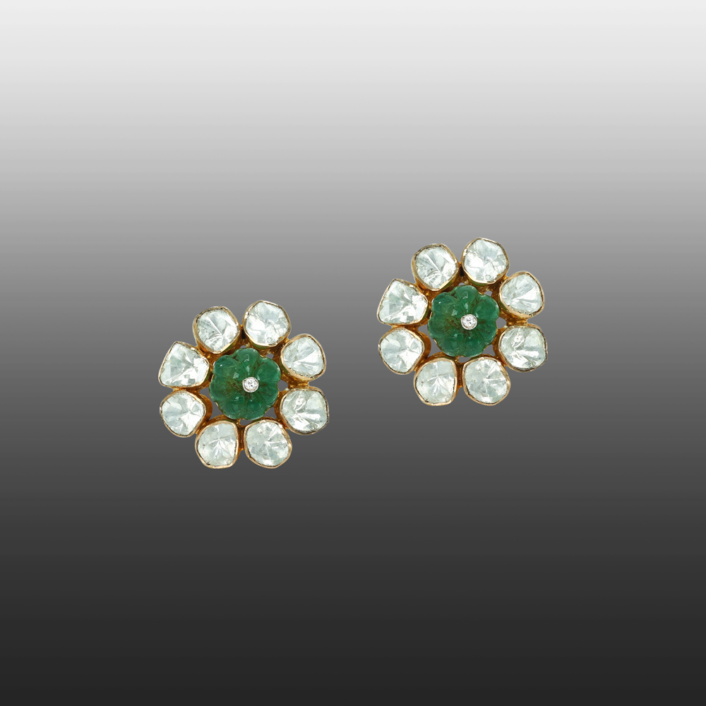 Polki Stud Earrings with Carved Emeralds